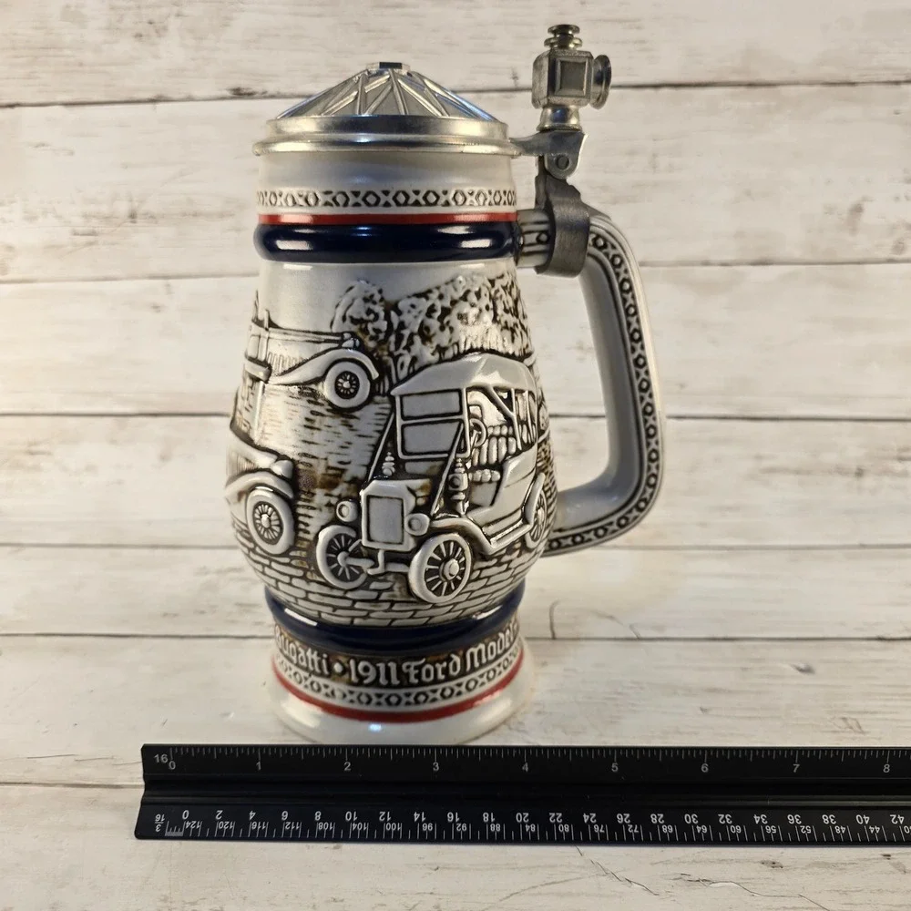 Vintage 1979 Avon Antique Cars Beer Stein Ceramarte Brazil Ford Bugatti Stanley